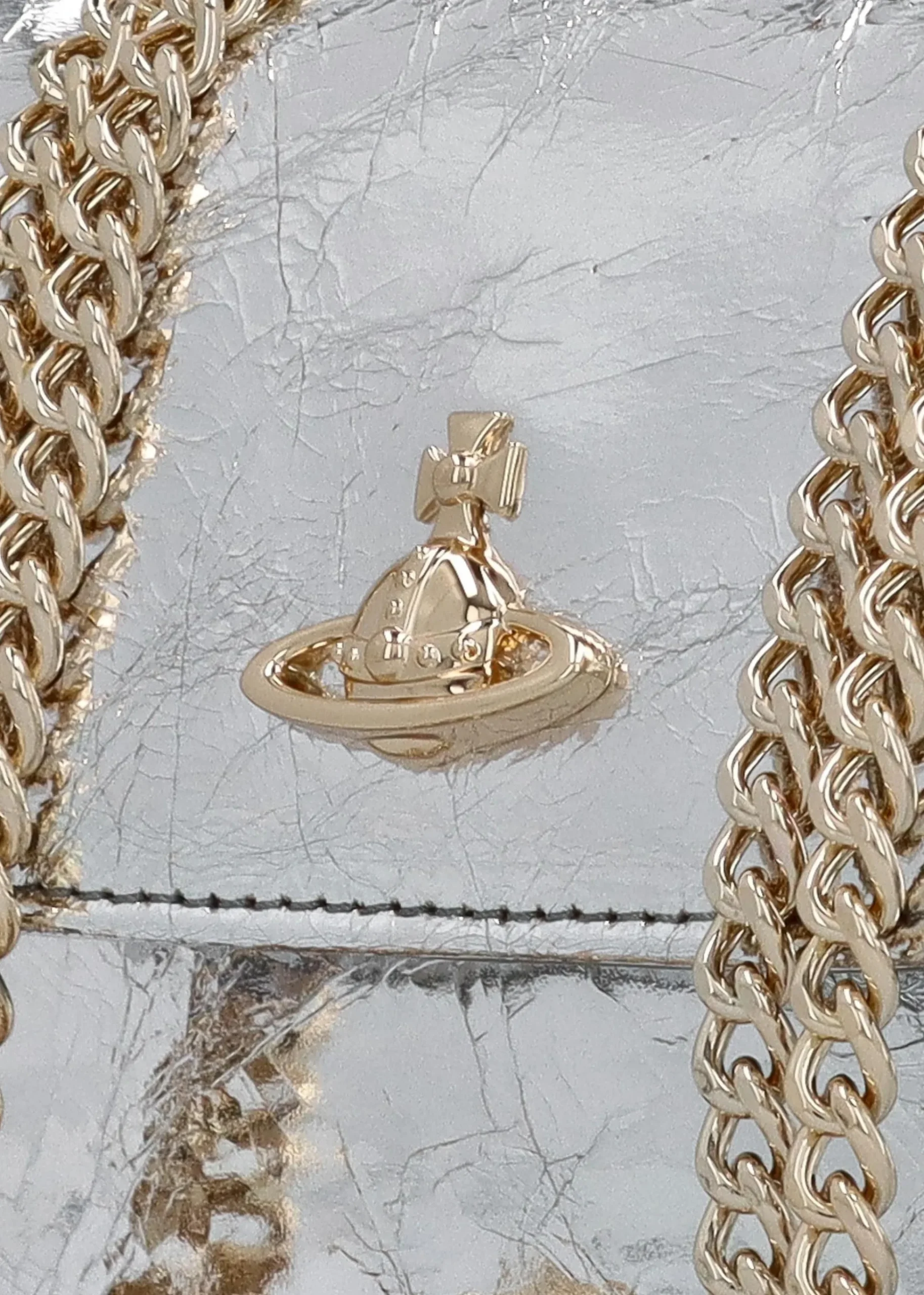 Small Silver Metallic Crinkle Leather Purse On A Chain