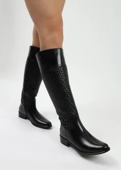 Solar Black Leather Woven Knee Boots