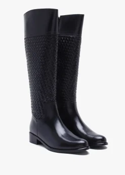 Solar Black Leather Woven Knee Boots