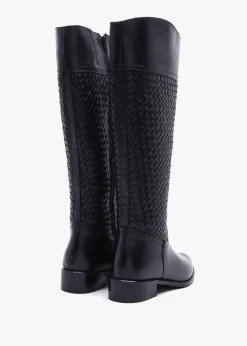 Solar Black Leather Woven Knee Boots