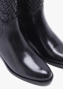 Solar Black Leather Woven Knee Boots