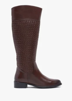 Solar Brown Leather Woven Knee Boots