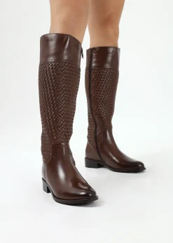 Solar Brown Leather Woven Knee Boots