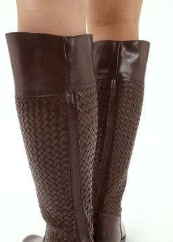 Solar Brown Leather Woven Knee Boots
