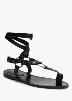 Sophie Black Leather Ankle Tie Sandals