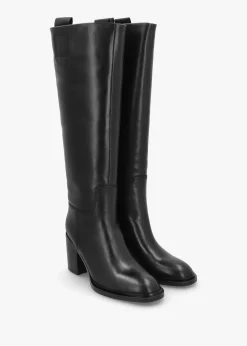 Sound Black Leather Block Heel Knee Boots