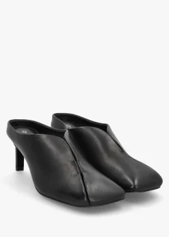 Squad Black Leather Square Toe Heeled Mules
