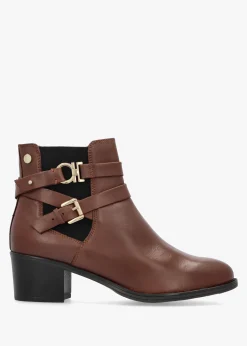 Tan Leather Ankle Strap Block Heel Boots