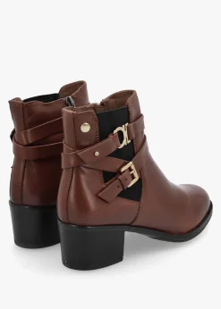 Tan Leather Ankle Strap Block Heel Boots