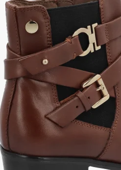Tan Leather Ankle Strap Block Heel Boots