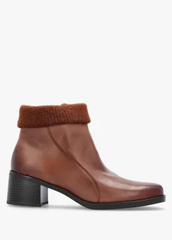 Tan Leather Rib Knit Block Heel Ankle Boots