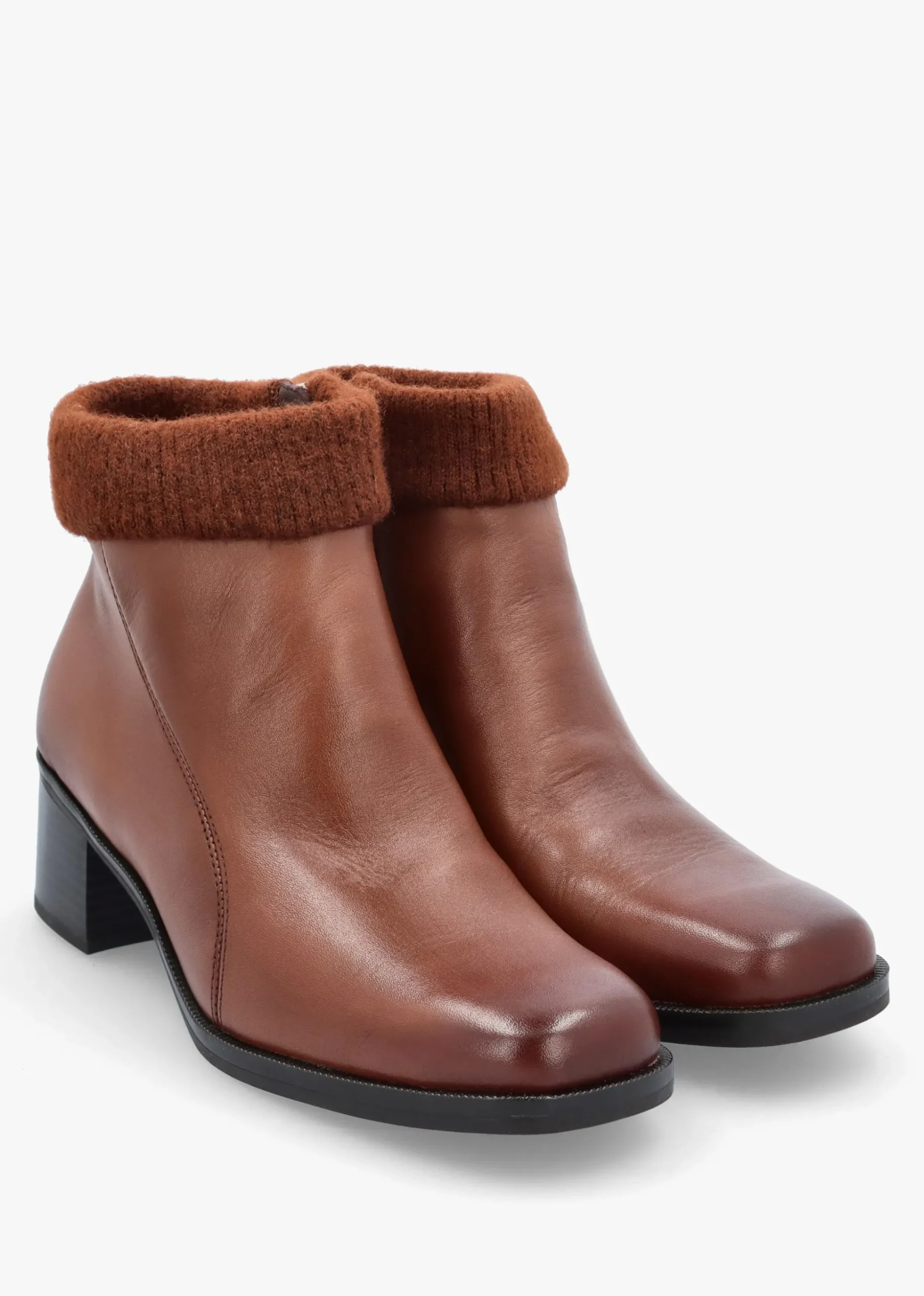 Tan Leather Rib Knit Block Heel Ankle Boots