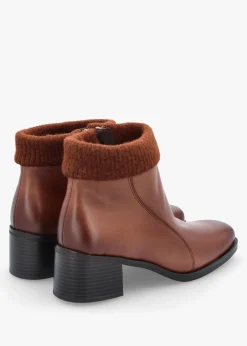 Tan Leather Rib Knit Block Heel Ankle Boots