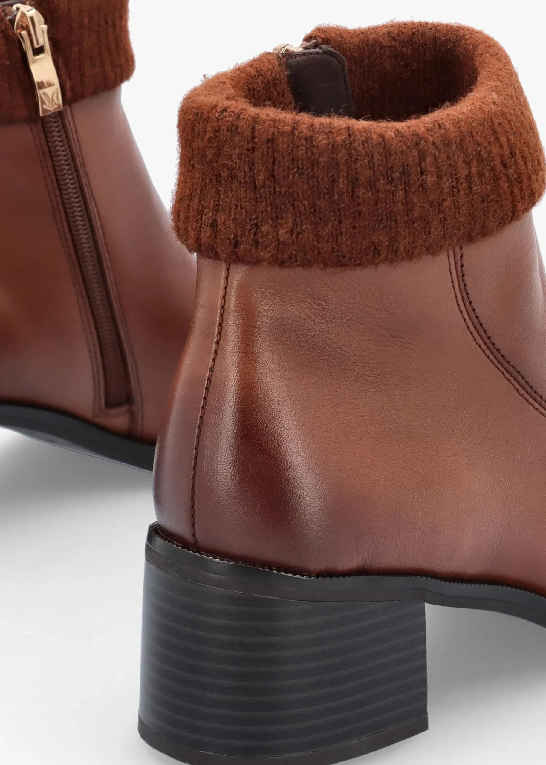Tan Leather Rib Knit Block Heel Ankle Boots