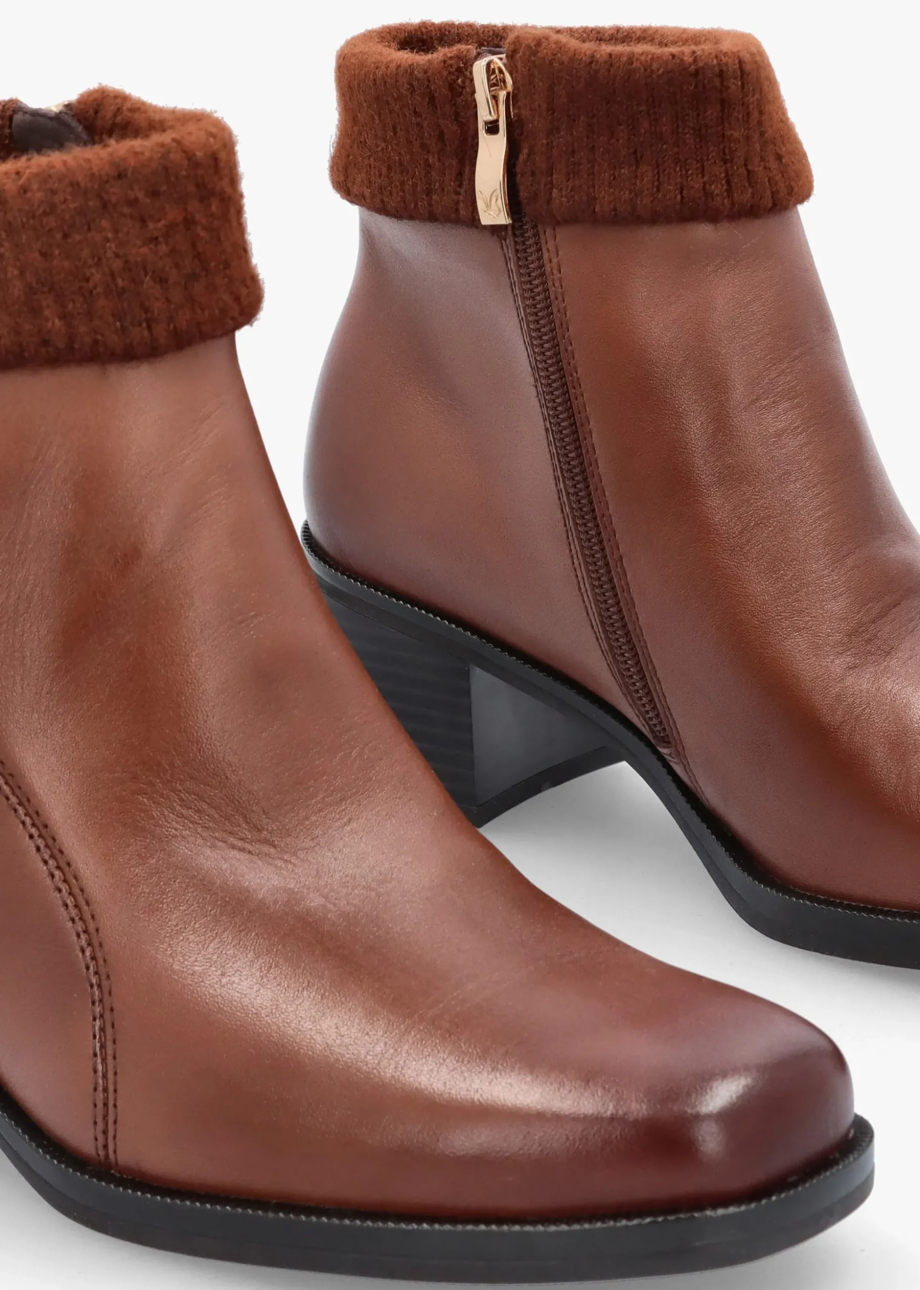 Tan Leather Rib Knit Block Heel Ankle Boots