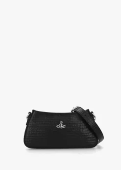 Tasha Mini Croc Embossed Black Leather Shoulder Phone Bag