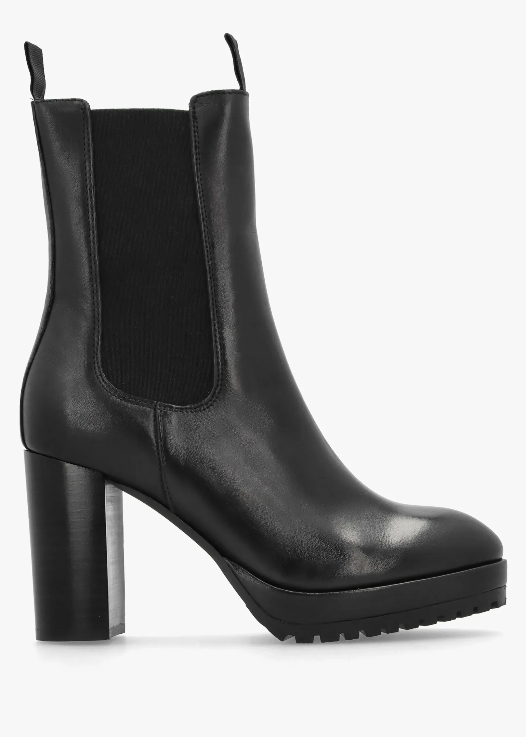 Thea Black Leather High Block Heel Platform Chelsea Boots