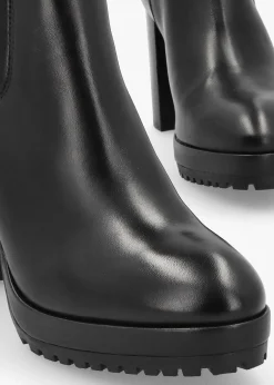 Thea Black Leather High Block Heel Platform Chelsea Boots