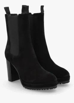 Thea Black Suede High Block Heel Platform Chelsea Boots