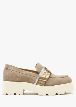 Tia Beige Suede Embellished Chunky Loafers