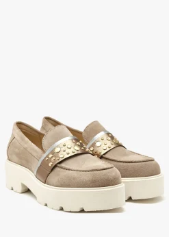 Tia Beige Suede Embellished Chunky Loafers