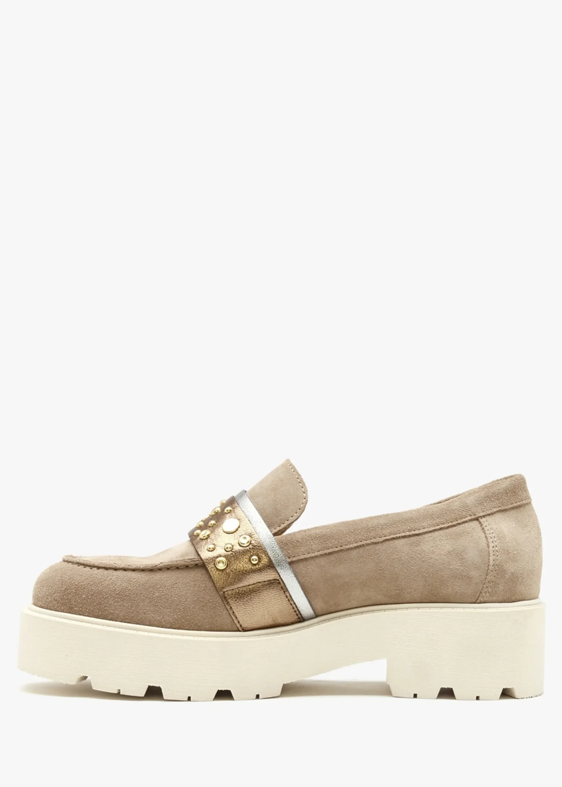 Tia Beige Suede Embellished Chunky Loafers
