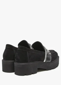 Tia Black Suede Embellished Chunky Loafers