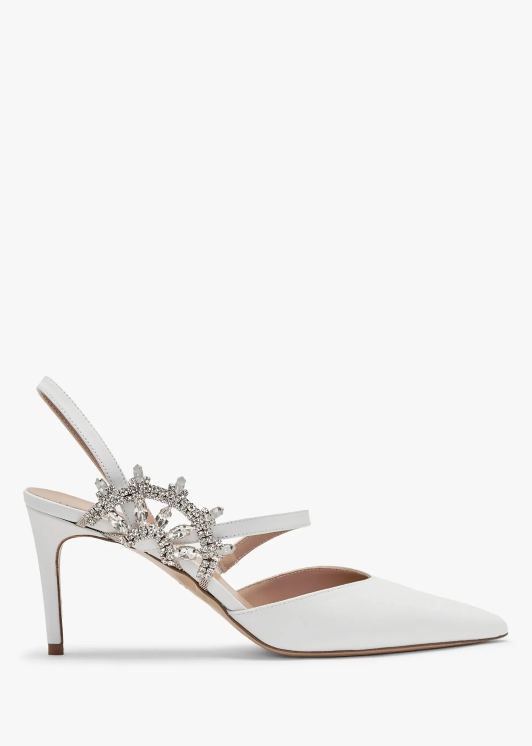 Tidy White Leather Jewelled Heel Pumps