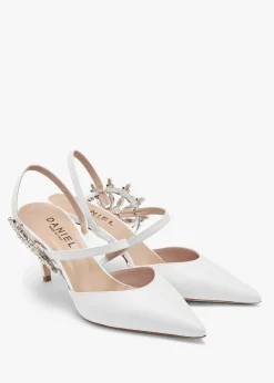 Tidy White Leather Jewelled Heel Pumps