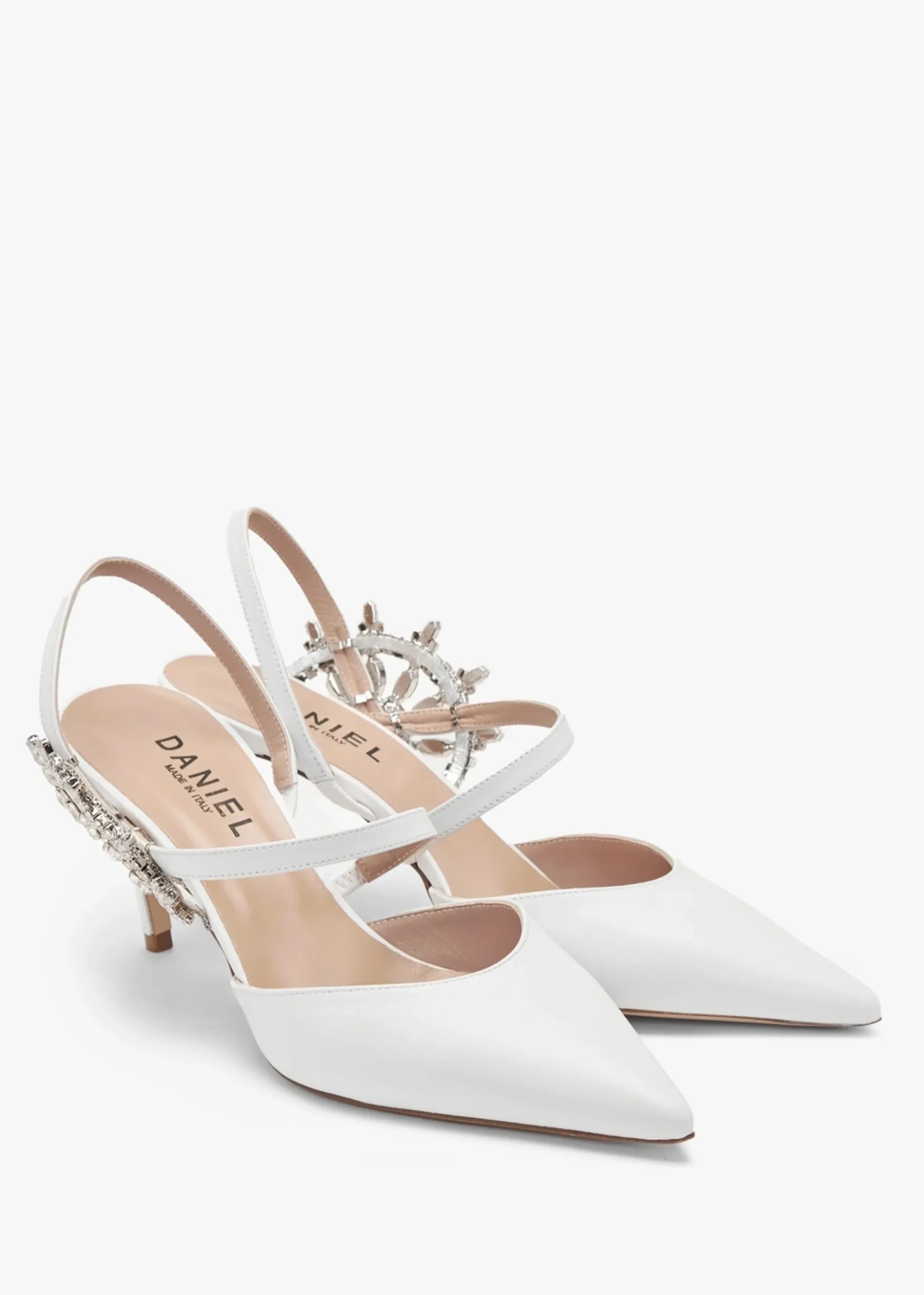 Tidy White Leather Jewelled Heel Pumps