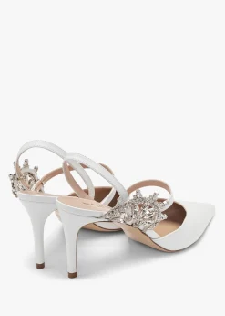 Tidy White Leather Jewelled Heel Pumps