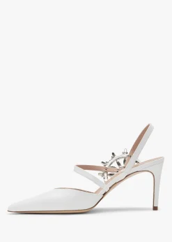Tidy White Leather Jewelled Heel Pumps
