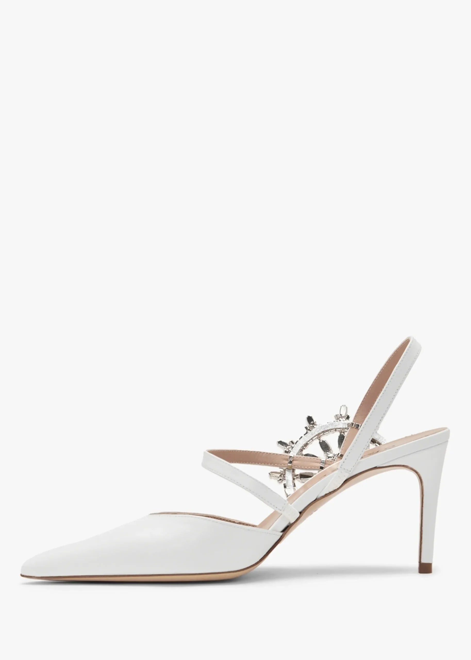 Tidy White Leather Jewelled Heel Pumps