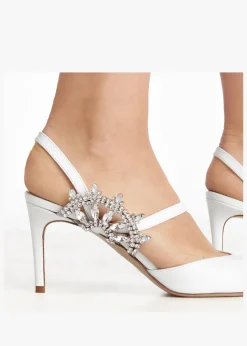 Tidy White Leather Jewelled Heel Pumps