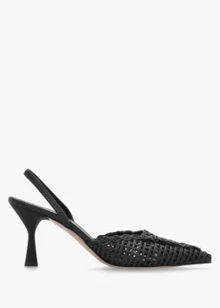 Tiffi Black Leather Woven Sling Back Mid Heel Court Shoes