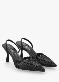 Tiffi Black Leather Woven Sling Back Mid Heel Court Shoes