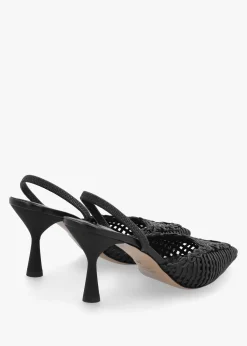 Tiffi Black Leather Woven Sling Back Mid Heel Court Shoes