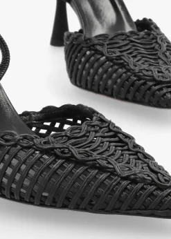 Tiffi Black Leather Woven Sling Back Mid Heel Court Shoes