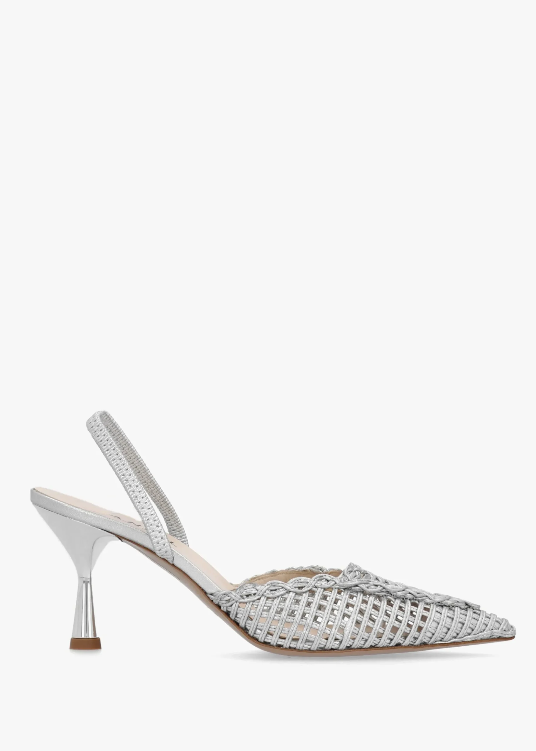 Tiffi Low Silver Leather Woven Sling Back Mid Heel Court Shoes