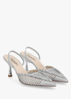 Tiffi Low Silver Leather Woven Sling Back Mid Heel Court Shoes