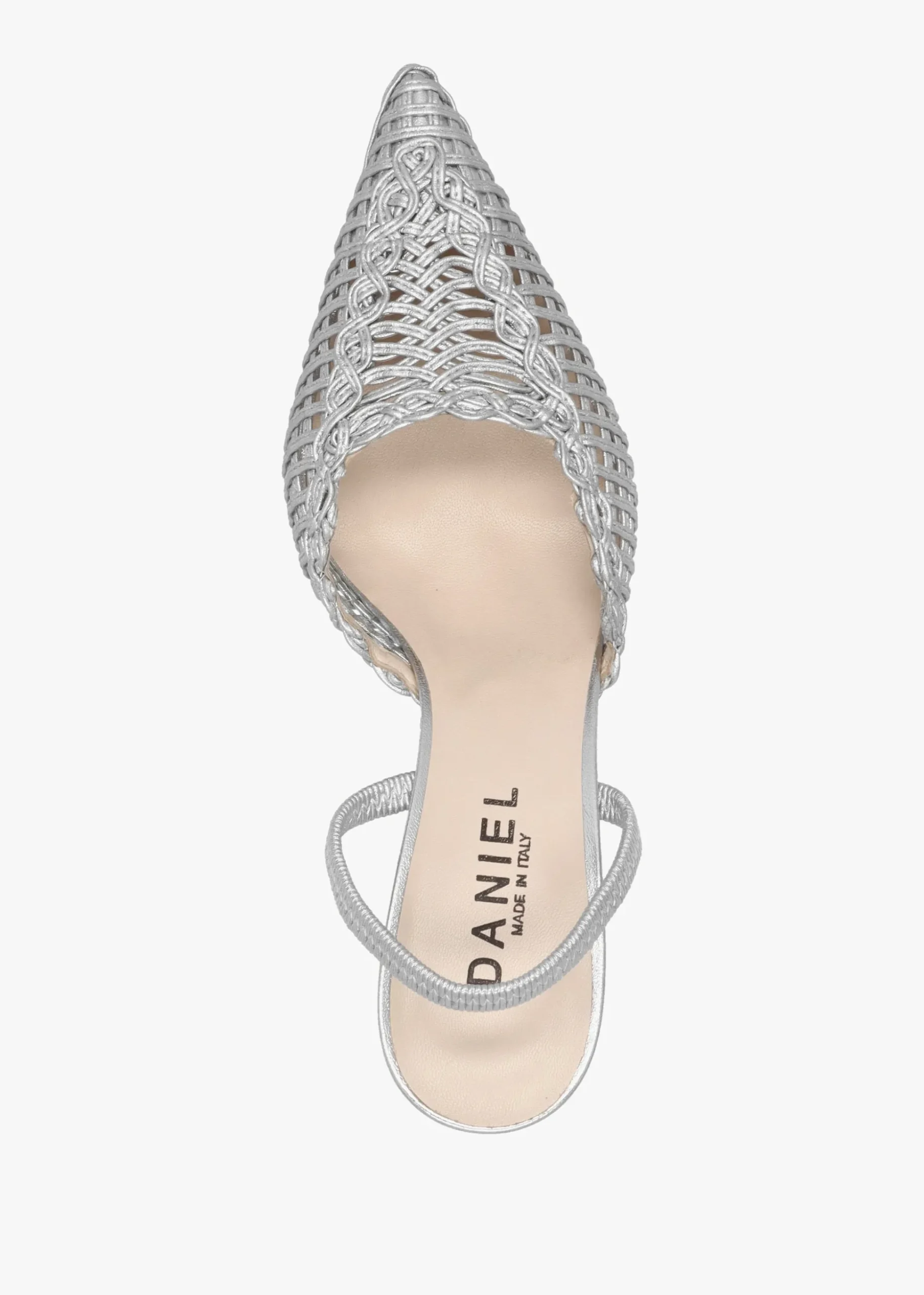 Tiffi Low Silver Leather Woven Sling Back Mid Heel Court Shoes