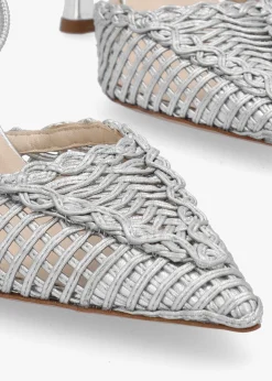 Tiffi Low Silver Leather Woven Sling Back Mid Heel Court Shoes