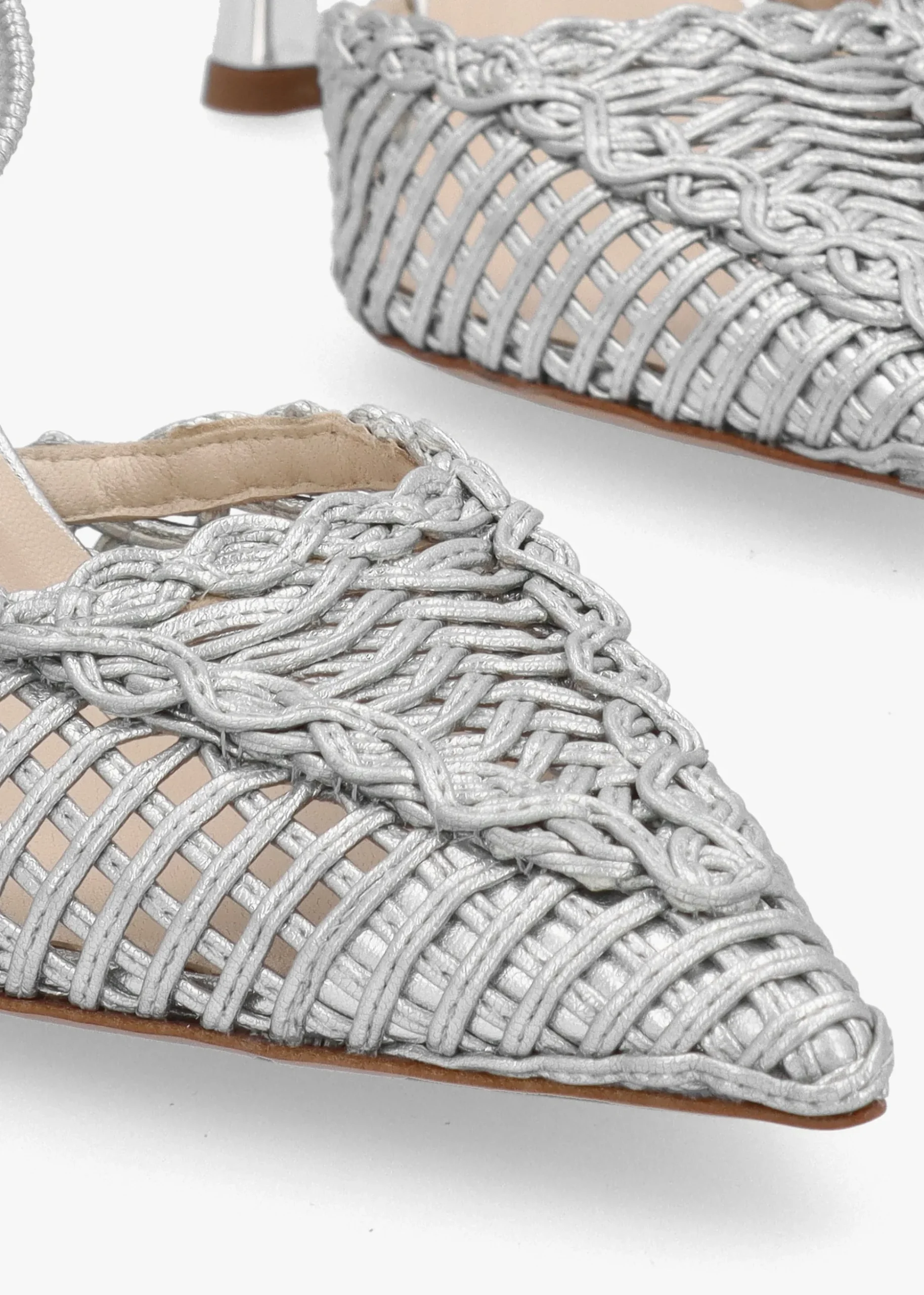 Tiffi Low Silver Leather Woven Sling Back Mid Heel Court Shoes