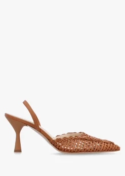 Tiffi Low Tan Leather Woven Sling Back Mid Heel Court Shoes