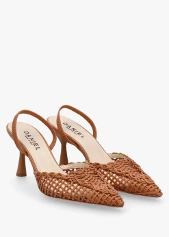 Tiffi Low Tan Leather Woven Sling Back Mid Heel Court Shoes