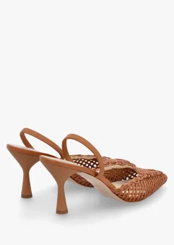 Tiffi Low Tan Leather Woven Sling Back Mid Heel Court Shoes
