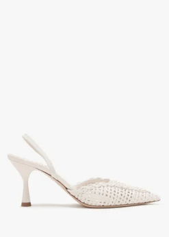 Tiffi Low White Leather Woven Sling Back Mid Heel Court Shoes