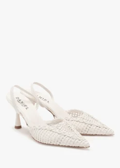 Tiffi Low White Leather Woven Sling Back Mid Heel Court Shoes