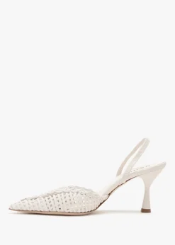 Tiffi Low White Leather Woven Sling Back Mid Heel Court Shoes