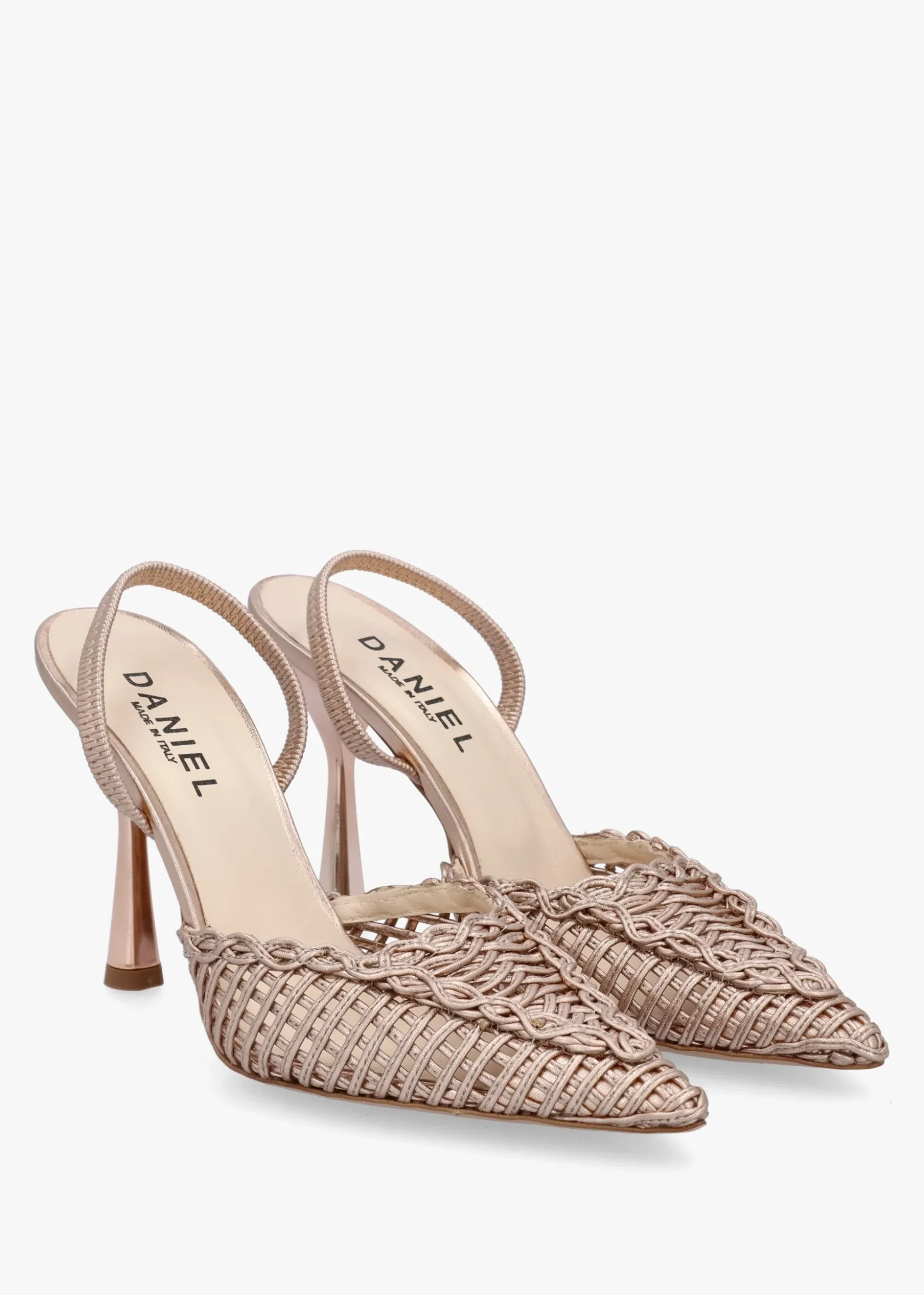 Tiffi Rose Gold Metallic Leather Woven Sling Back Court Shoes